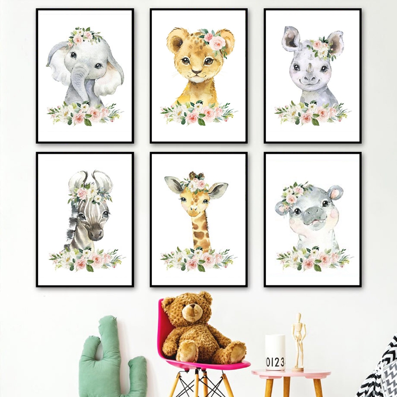 Baby Nursery Decor Girl - لوحات قماشية مطبوعة بتصميم حيوانات الغابة