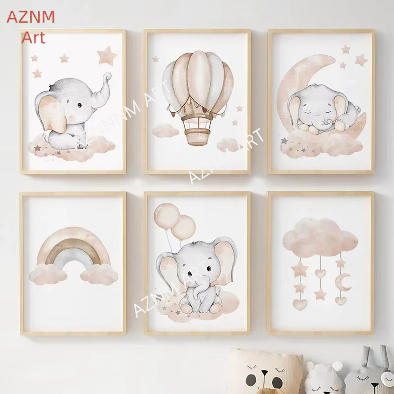 Baby Nursery Art - ملصقات جدارية للأطفال بتصميم الفيل والبالونات