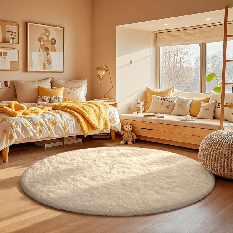 Baby Nursery Rug - سجادة بيضاء مستديرة كريمية ناعمة منفوشة