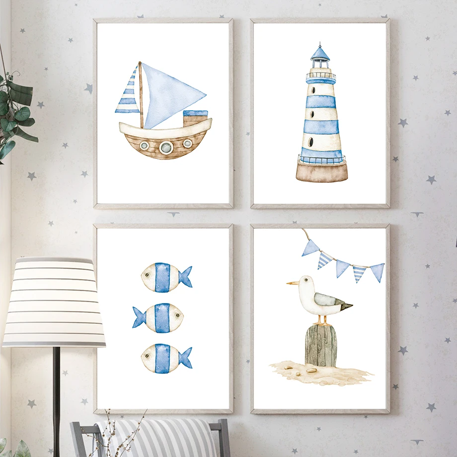 Baby Nursery Art - لوحات وملصقات قماشية بتصميم قوارب شراعية