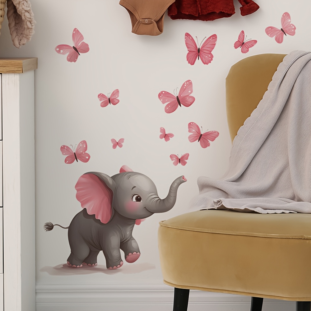 Baby Nursery Elephant Theme - ملصق جداري بتصميم الفيل والفراشة للأطفال،