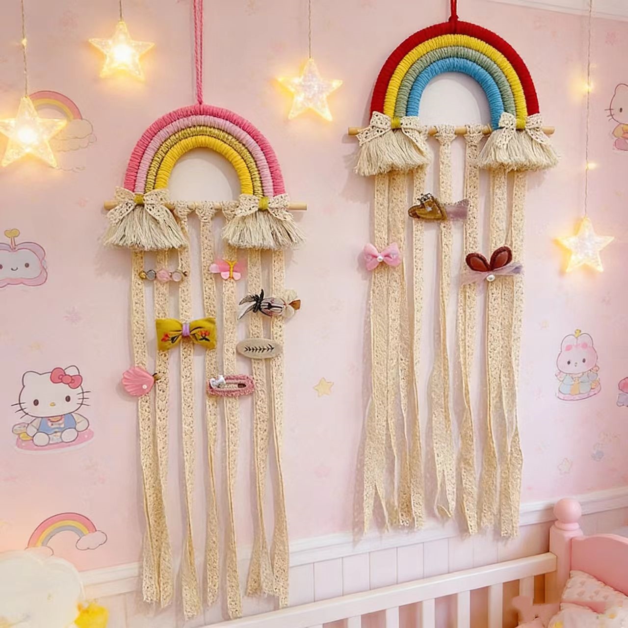 Baby Nursery Decor Girl - حامل أقواس الشعر المكرمية الملونة للتعليق