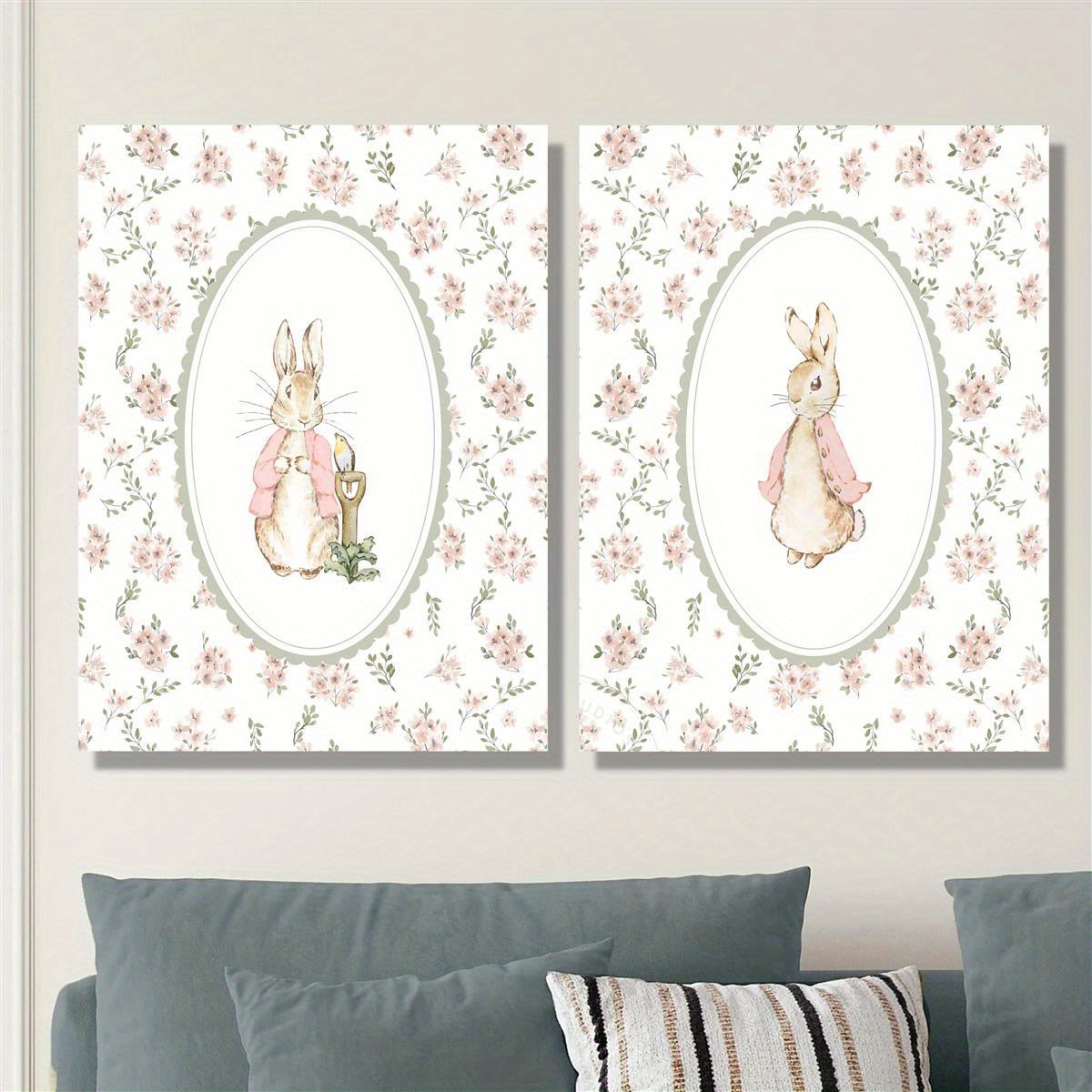 Baby Nursery Decor Girl - قطعتان من لوحات قماشية بتصميم أرنب